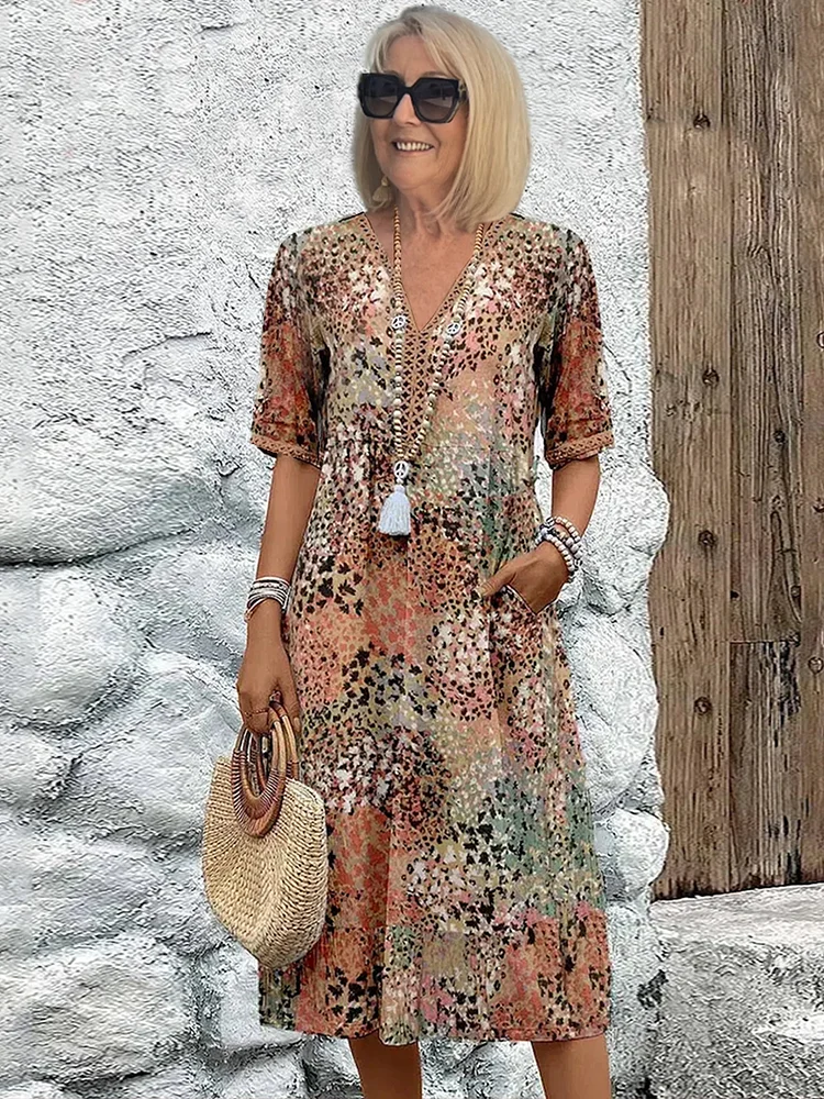 Vestido midi estampado con cuello en V y corte en A para mujer