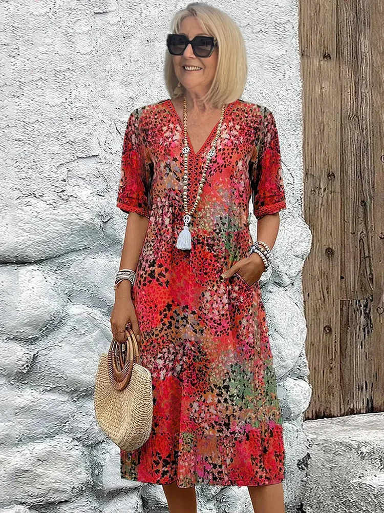 Vestido midi estampado con cuello en V y corte en A para mujer