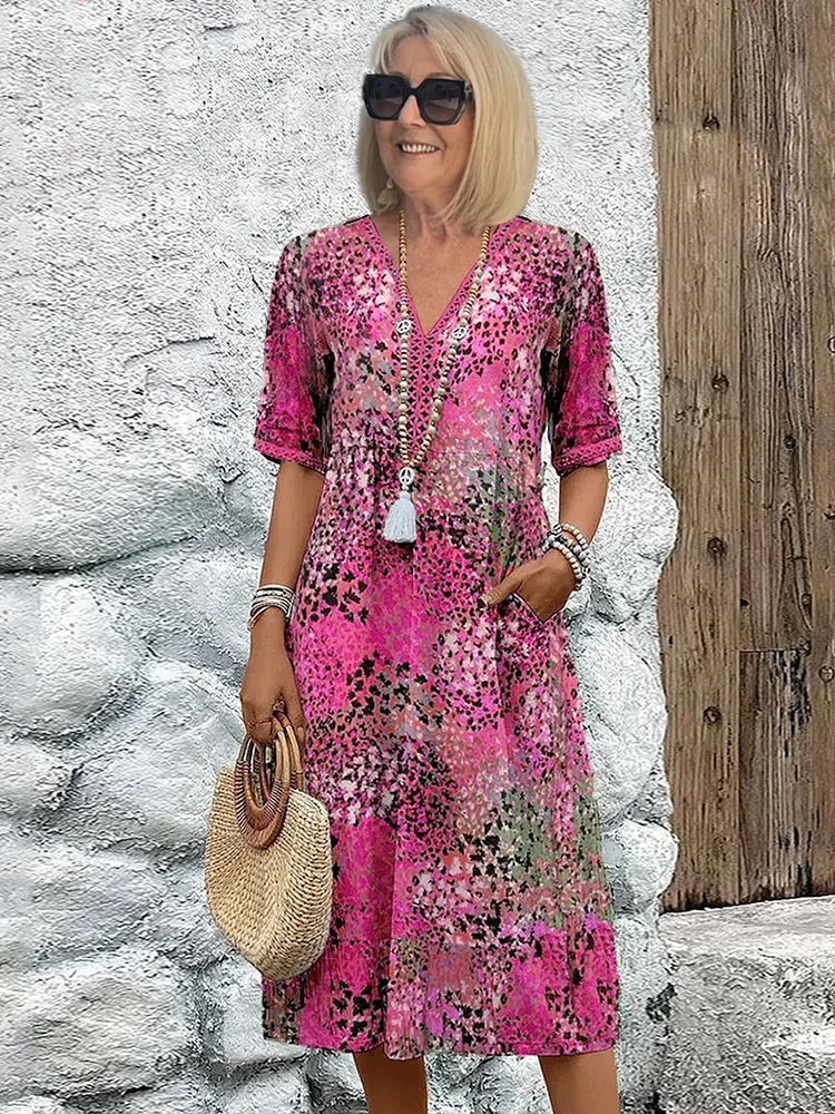 Vestido midi estampado con cuello en V y corte en A para mujer