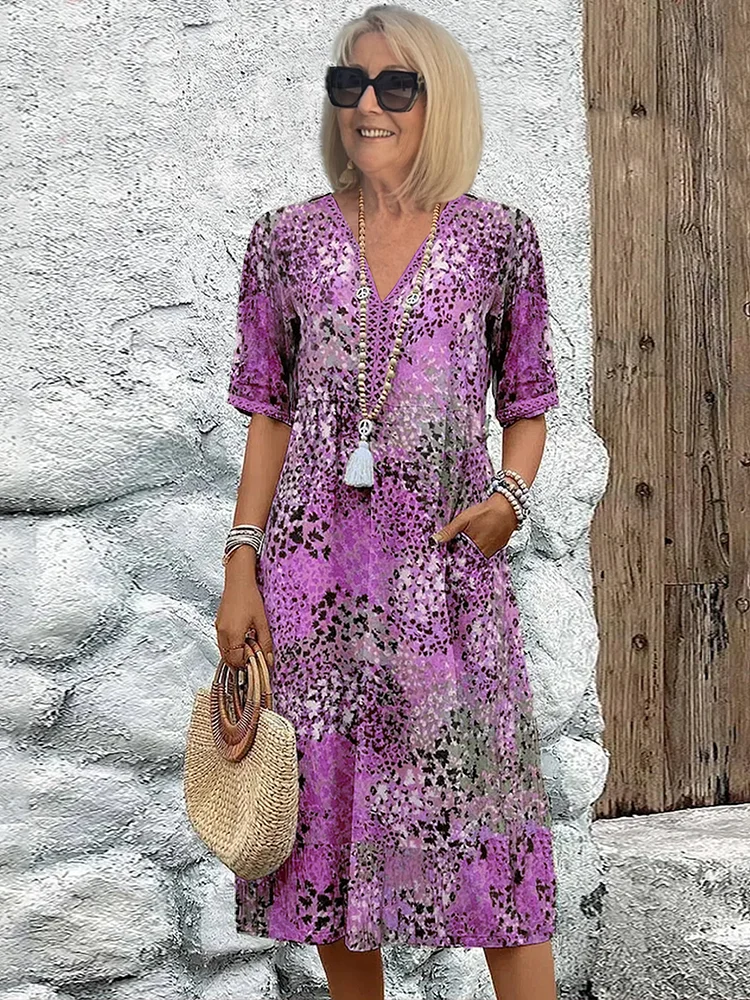 Vestido midi estampado con cuello en V y corte en A para mujer