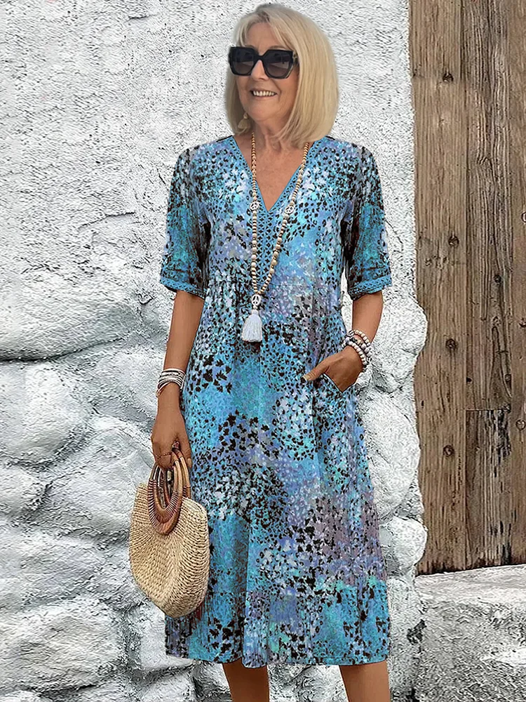 Vestido midi estampado de corte evasé con cuello en V para mujer