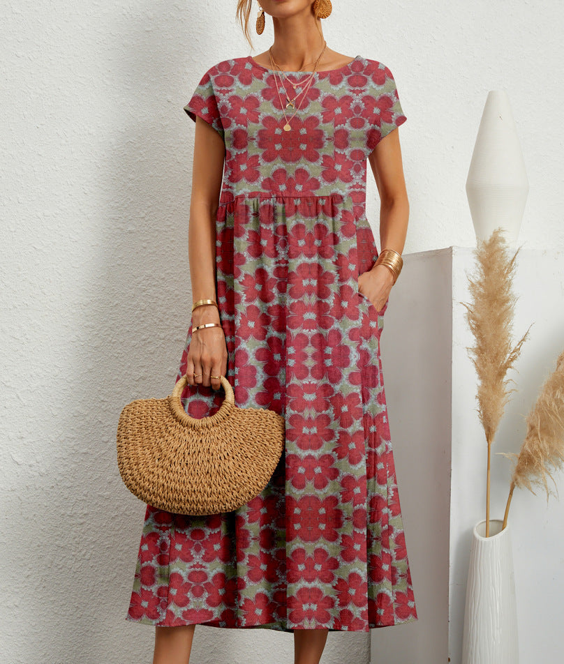 Vestido midi floral acampanado con bolsillos para mujer