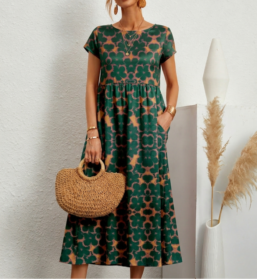 Vestido midi floral acampanado con bolsillos para mujer