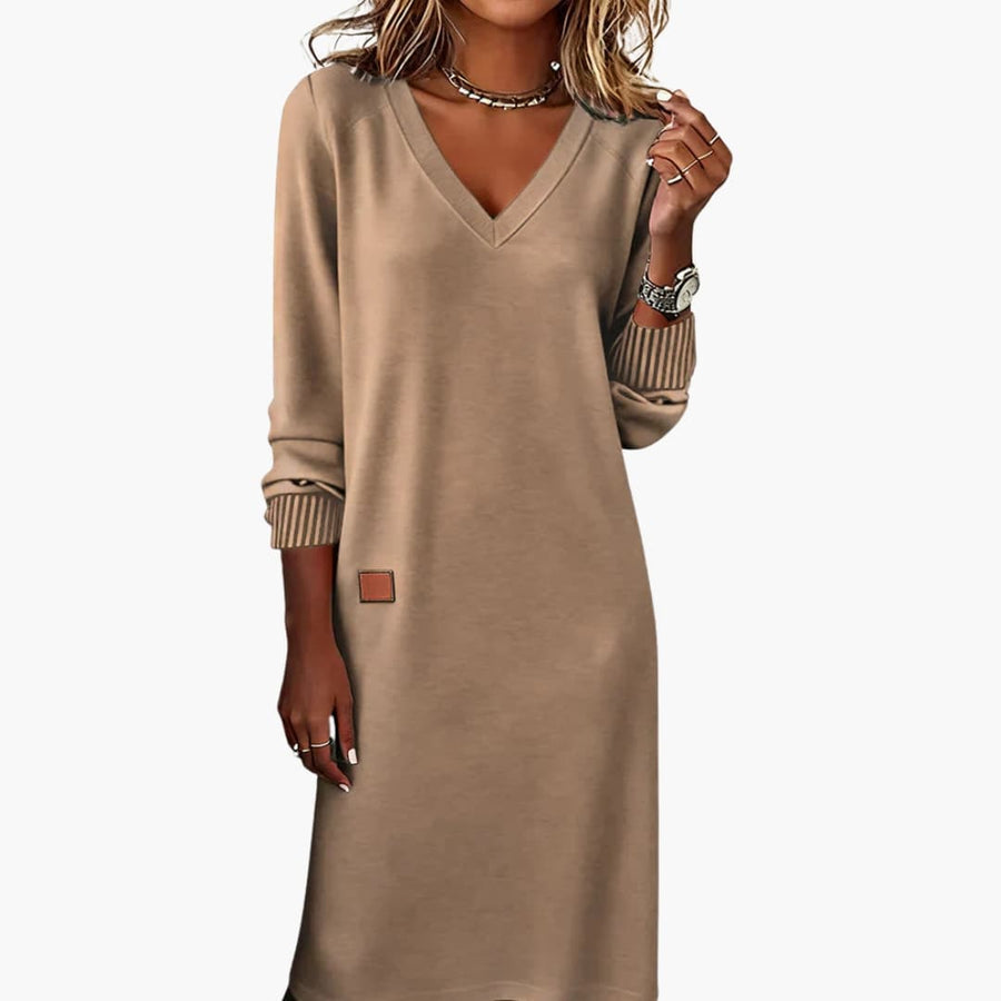 Vestido midi para mujer con escote en V y bolsillos laterales