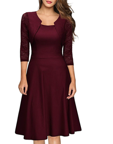 Vestido Midi para Mujer en Línea A con Encaje y Manga 3/4