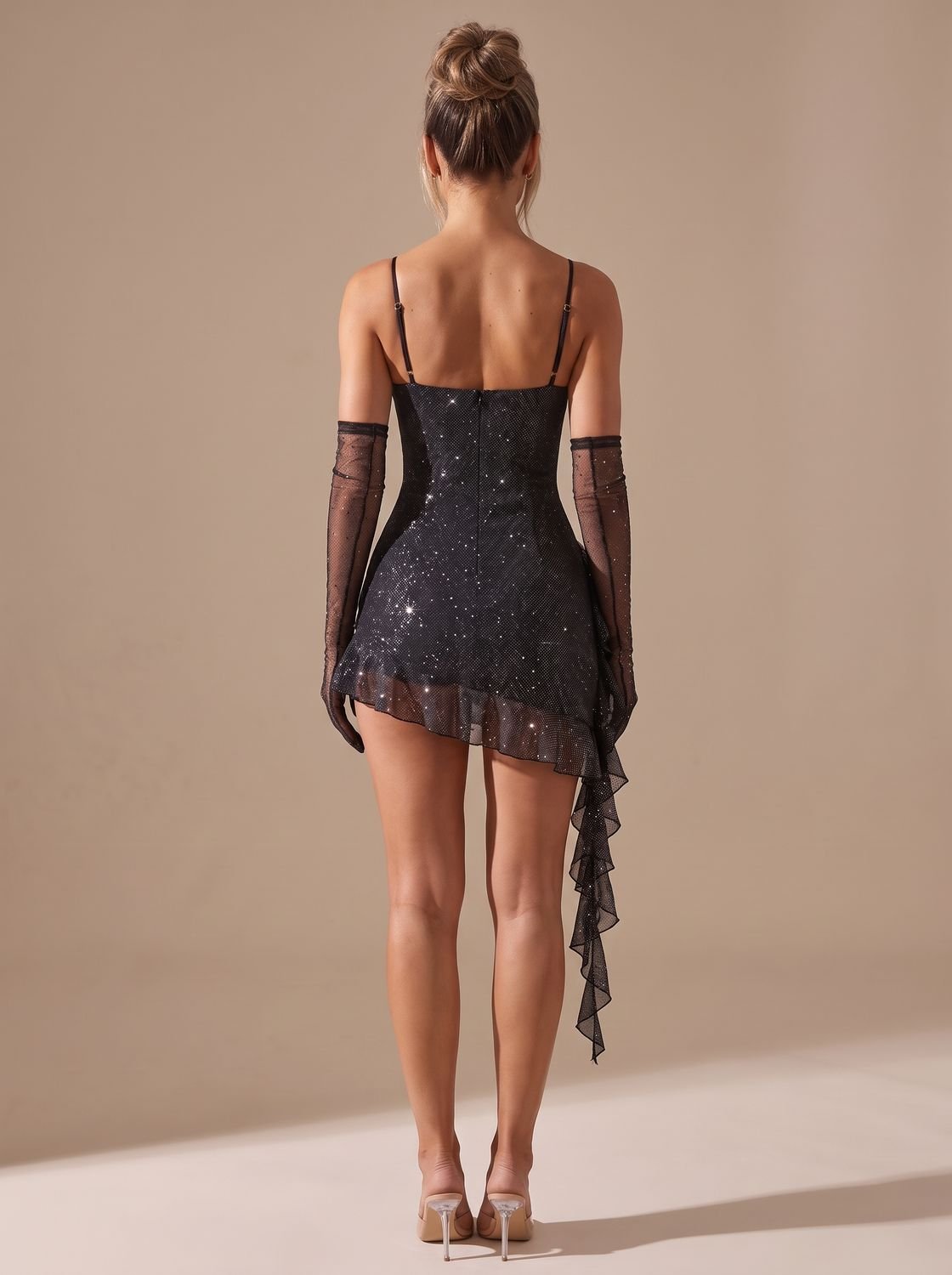 Vestido mini de fiesta de Navidad con purpurina, volantes y mangas desmontables para mujer