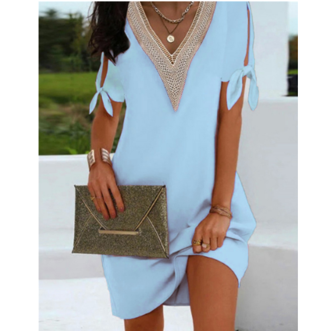 Vestido Mini Shift para Mujer de Corte Recto con Manga Corta, Nudo y Cuello en V