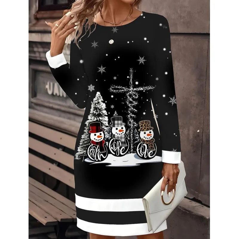 Vestido tipo jersey navideño para mujer con estampado festivo de muñecos de nieve