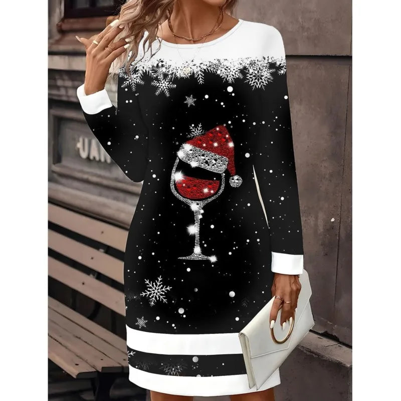 Vestido tipo jersey navideño para mujer con estampado festivo de muñecos de nieve