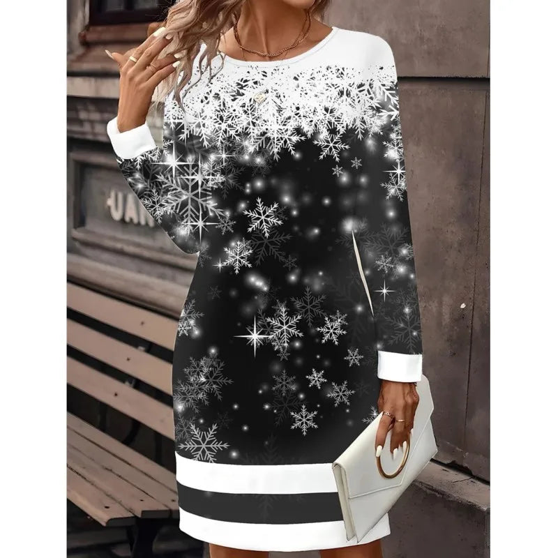 Vestido tipo jersey navideño para mujer con estampado festivo de muñecos de nieve